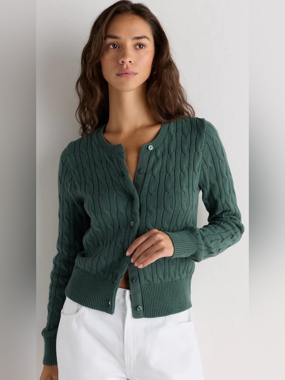 Quince 100% Organic Cotton Cable Crew Cardigan{BIG SUR GREEN}